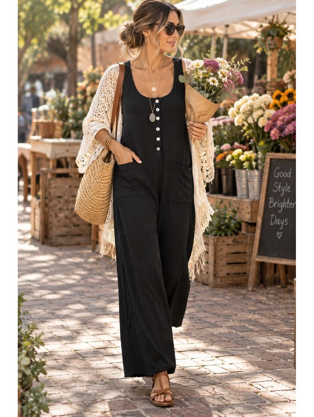 HATCH Black Cotton Jumpsuit One Piece M Wide Leg Boho Oversized Pockets